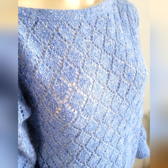 SHAPELY KNITS Vintage 80s Silk Angora Open Knit Sweater Sky Blue Coquette sz L - Picture 4 of 7